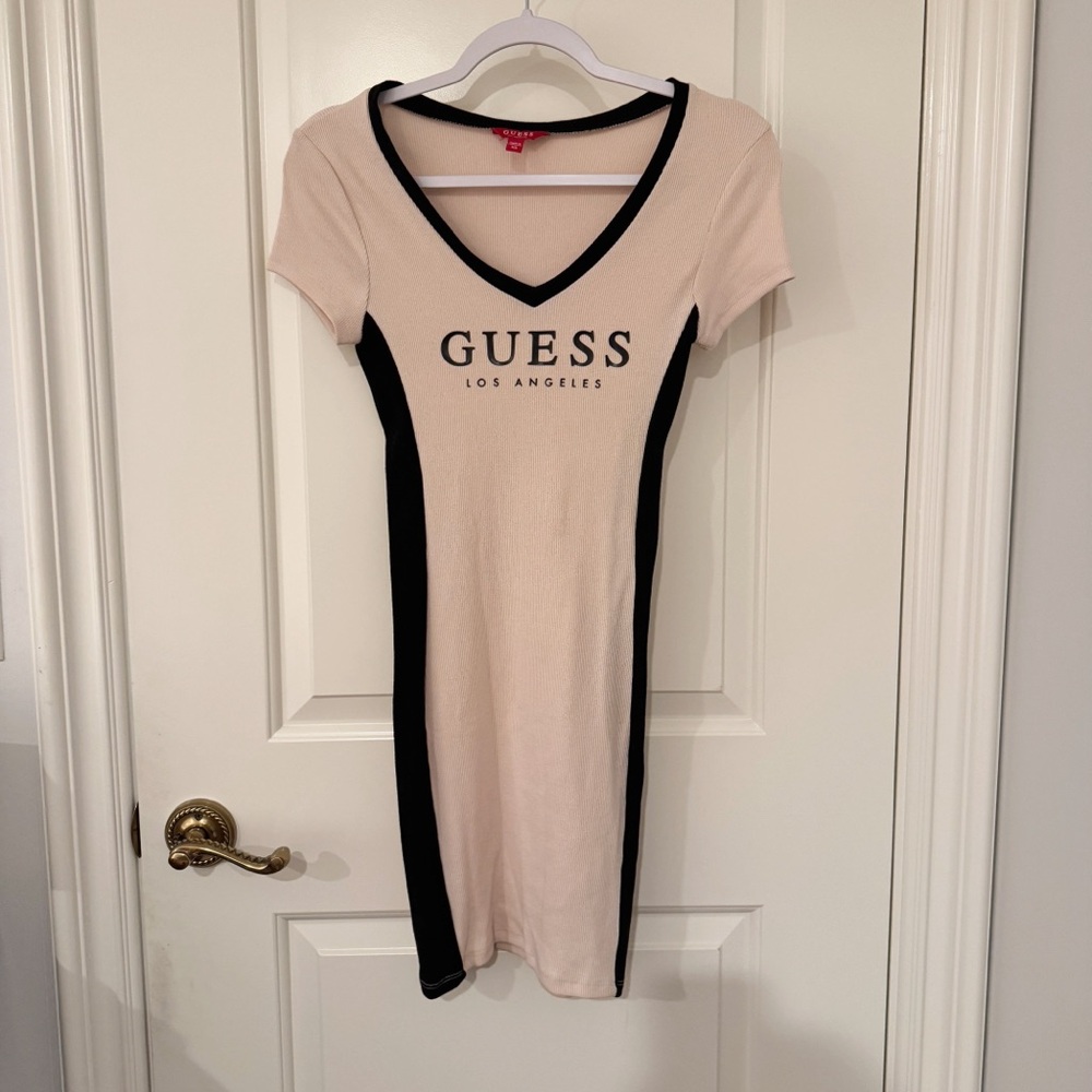 Guess Cream and Black Bodycon Mini Dress V-Neck Short Sleeve